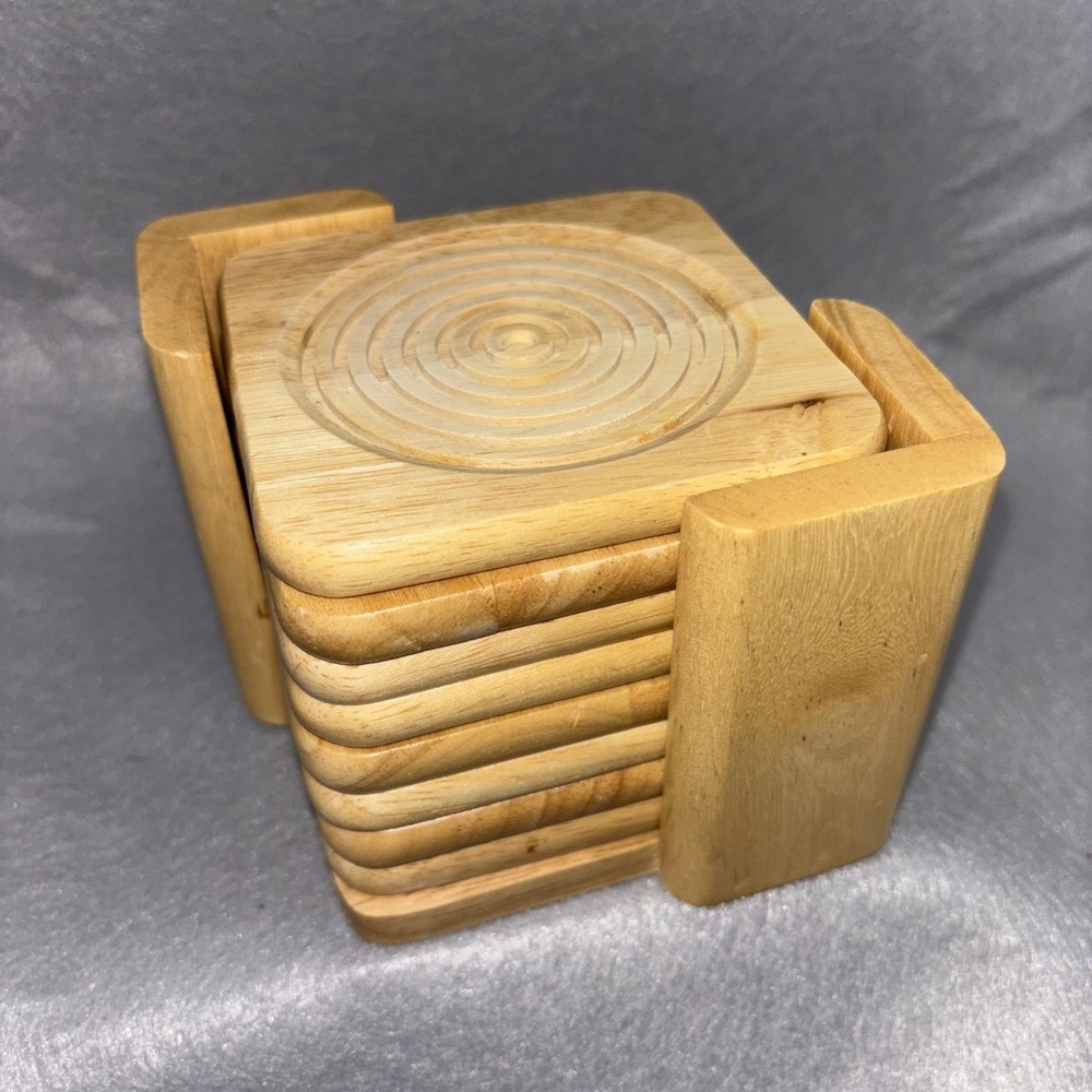 Vintage Light Blonde Oak Drink Coaster Set W/Stand 8pc Cut Circles 80s Thailand